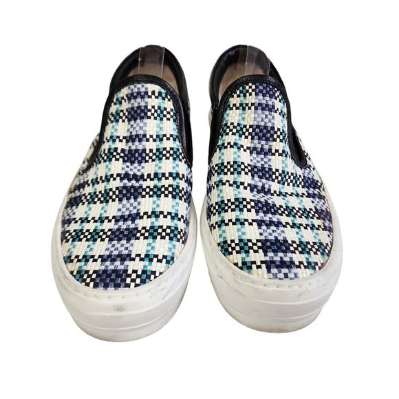 AGL Womens Plaid Woven Slip On Shoes Size US 7.5 EU 37.5 Leather Blue Black - Picture 2 of 10
